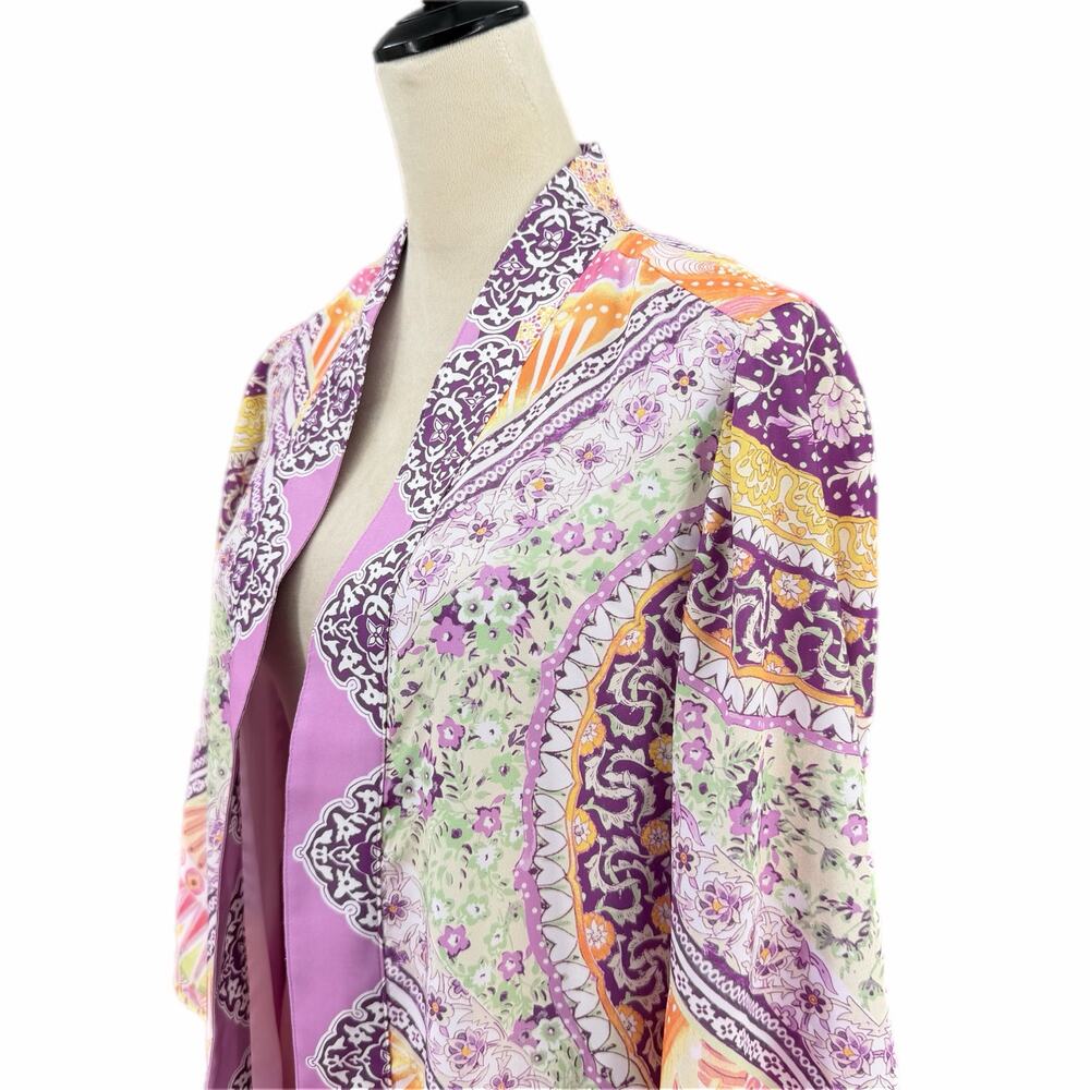 Chico’s Sz 0 Purple Pastel Coastal Tile Floral Satin Boho Chic Duster Cardigan - Picture 4 of 13